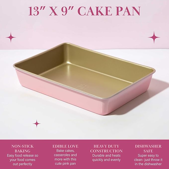 Paris Hilton 13x9 pink nonstick cake pan with gold interior, perfect for baking cakes, casseroles, and desserts.