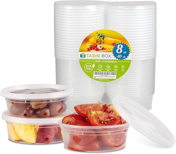 8oz plastic deli containers with airtight lids stacked neatly, filled with fresh fruit and vegetables, BPA-free and safe for freezer, microwave, and dishwasher use.