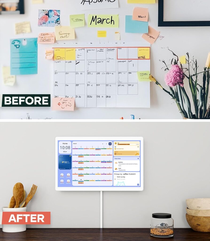 Side-by-side image showing a cluttered paper calendar wall vs. a sleek Cozyla Digital Calendar display
