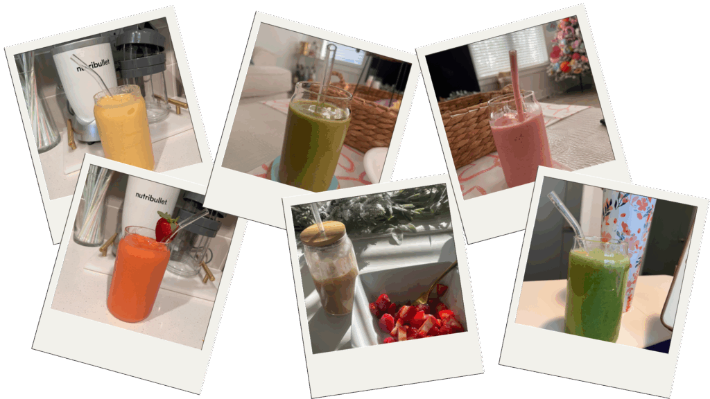 Collage of colorful smoothies and fruit bowls in glass jars, prepped and ready for Realistic Morning Habits for Entrepreneur Moms