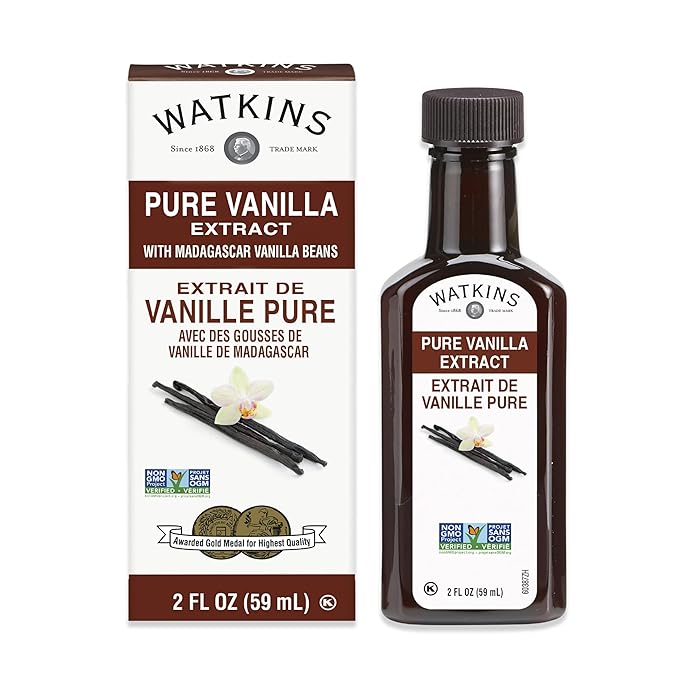 Watkins Pure Vanilla Extract bottle and box with Madagascar vanilla beans, Non-GMO certified and award-winning for highest quality, 2 oz size.