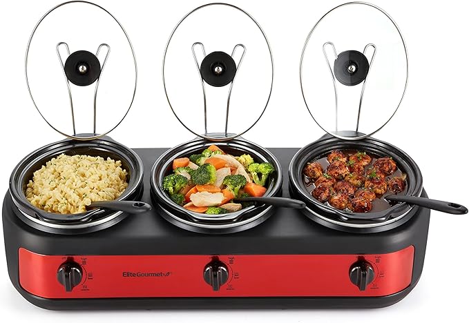Red Elite Gourmet triple slow cooker buffet server with three 2.5-quart ceramic pots filled with pasta, vegetables, and meatballs, each with glass lids and serving spoons.