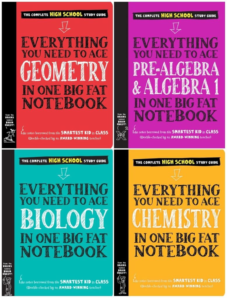 Set of Big Fat Notebook study guides for Geometry, Pre-Algebra & Algebra 1, Biology, and Chemistry.