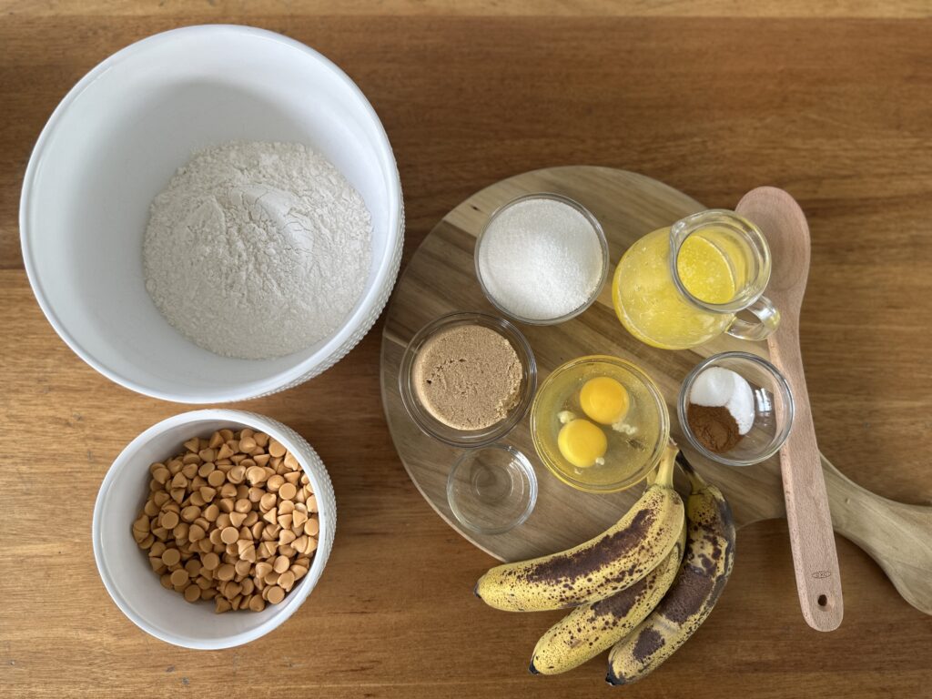 Ingredients for Butterscotch Banana Bread – Ripe Bananas, Butterscotch Chips, Sugar, and Butter