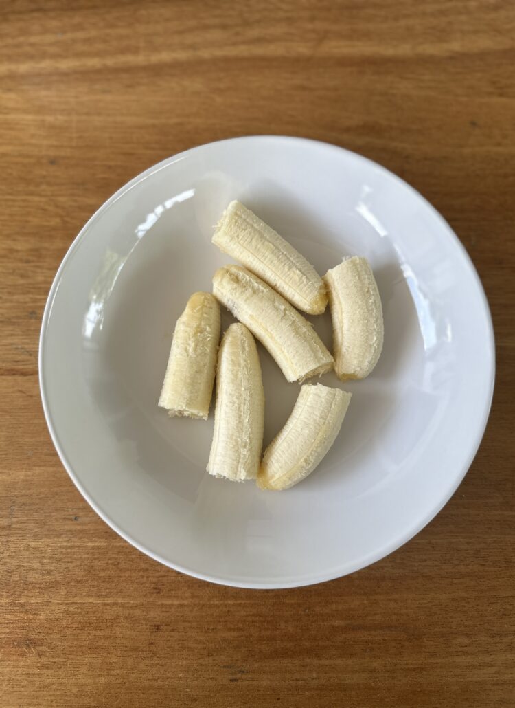Peeled ripe bananas for butterscotch banana bread – ready to be mashed for a moist loaf