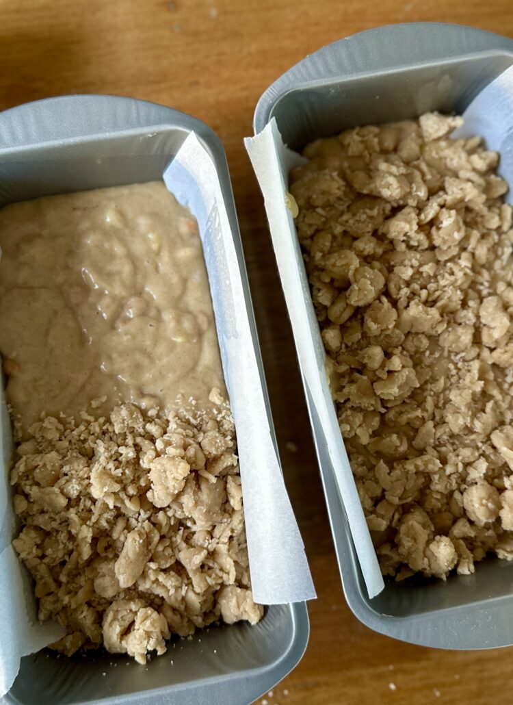 Streusel topping for butterscotch banana bread – mixing cold butter, sugars, cinnamon, flour, and chopped butterscotch chips