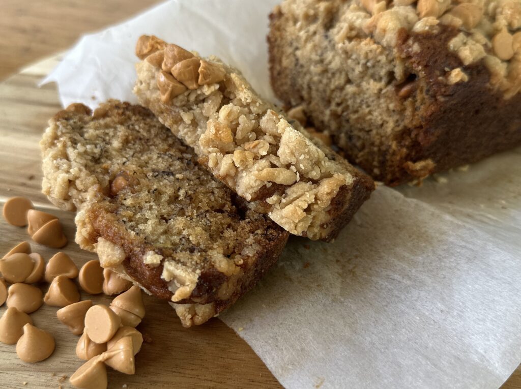 
Sliced butterscotch banana bread loaf – showcasing the moist texture and rich butterscotch chips