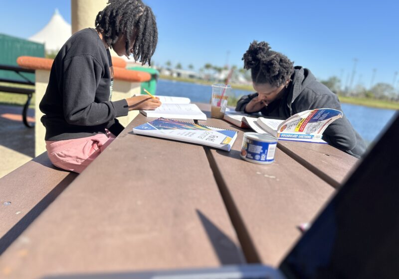 Two teenagers studying at a picnic table by the lake with homeschool books and iced coffee.
