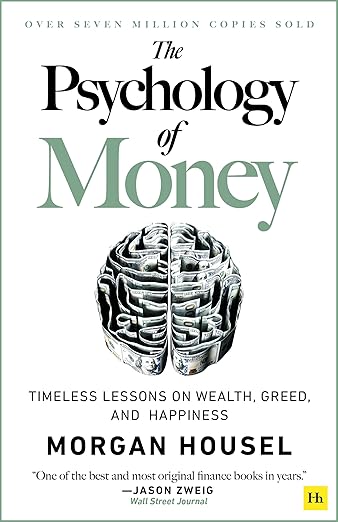 Book cover of The Psychology of Money by Morgan Housel, exploring lessons on wealth and happiness.