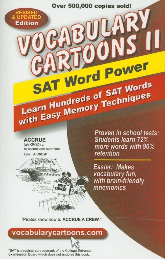 Cover of Vocabulary Cartoons II SAT Word Power book with memory techniques for learning SAT vocabulary.