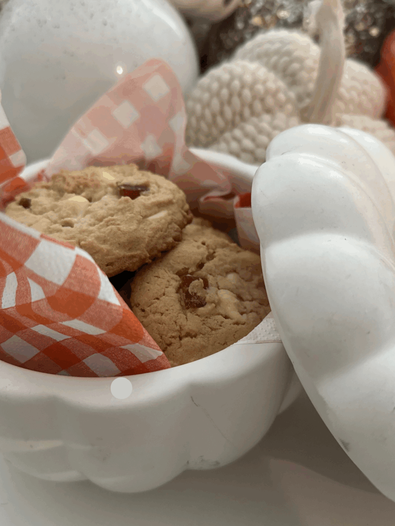 Pumpkin spice cookies served in a pumpkin-shaped bowl – a perfect cozy fall treat