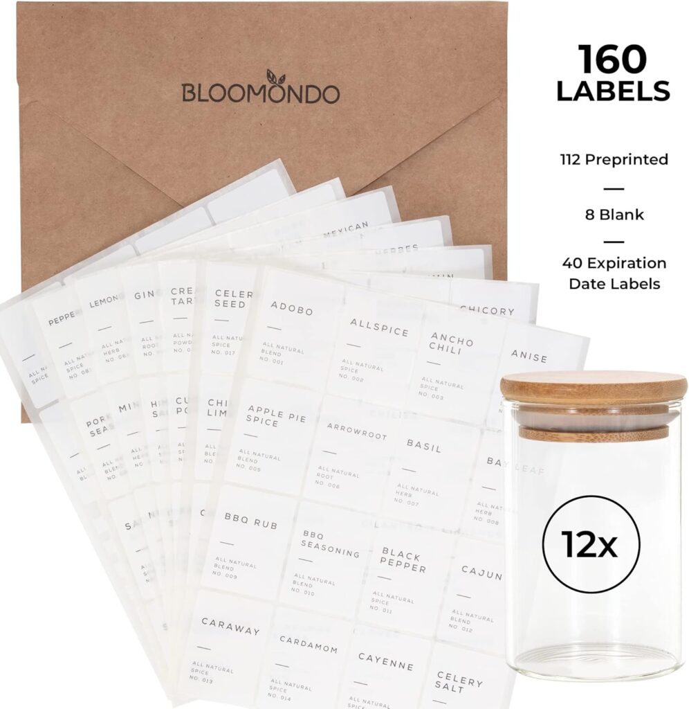 Set of 12 airtight glass spice jars with bamboo lids and 160 minimalist labels, including preprinted, blank, and expiration date stickers for pantry organization.